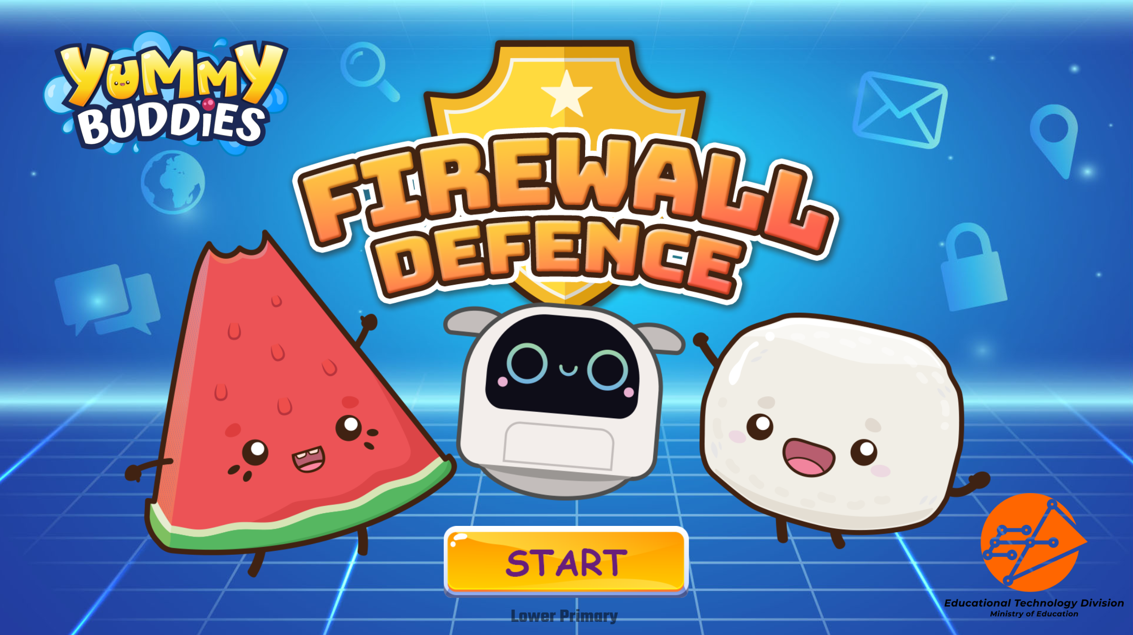 Title card for the "Yummy Buddies FIREWALL DEFENCE" game featuring Merry, Poodle, and Bouncy under a gold star badge above a yellow "START" button against a blue digital grid background.
